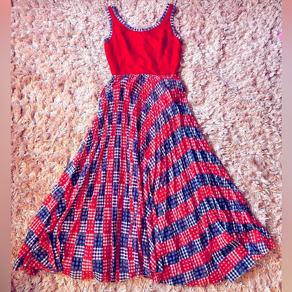 Amazing Vintage 1970’s Pat Sandler Red & Blue Bandana Print Maxi Dress